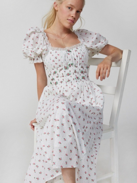 Dresses & Skirts - Romanic Garden Girl White Floral Bodice Puff-Sleeve Cotton Maxi Dress sz L